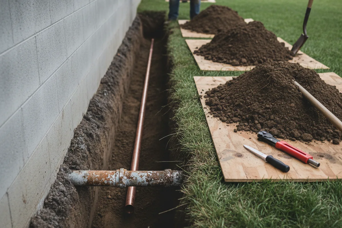 Excavated water line trench during Water Softener Installation in Boynton